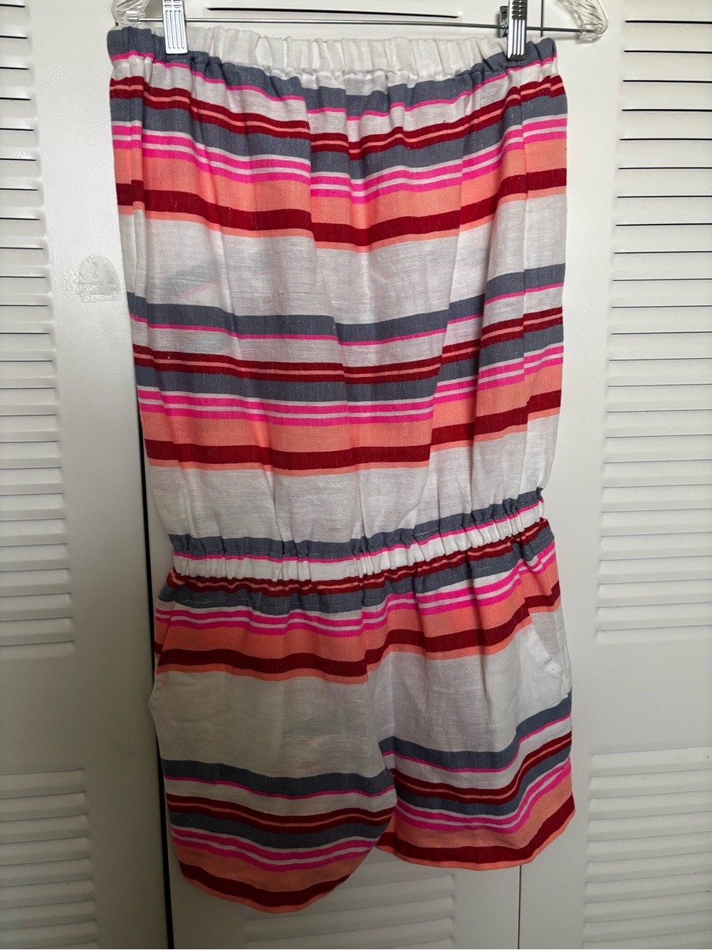 Striped Strapless Romper in White, Pink & Red